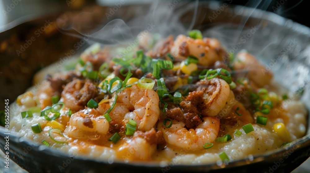Southern Spice Harmony - Cajun Shrimp and Grits - Creamy Southern Perfection - Rich Light Accentuating Spicy Comfort,Delicious shrimp dish with herbs and spices,Close Up of Bowl of Shrim. Generated AI