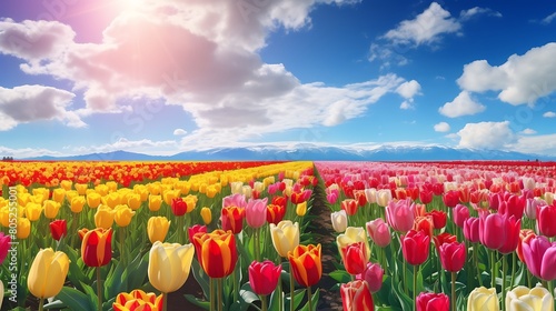Fields of vibrant tulips stretching as far as the eye can see  creating a colorful carpet of blooms in the springtime.