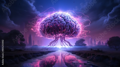 Brain with morphing zones highlighted, under a purple moonlight photo