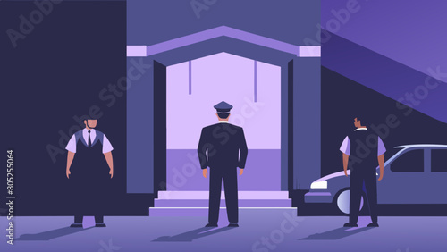 photo for advertising a private security company and security guards, all black uniform with short sleeves and a cloth cap, standing next to a patrol car