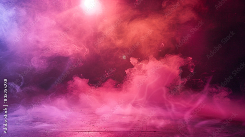 Soft coral smoke wafting over a stage under a bright purple spotlight, creating a gentle, romantic visual.