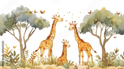 A watercolor painting of a family of giraffes in a grassy field with trees and butterflies.