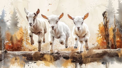 Three baby goats jumping over a log in watercolor