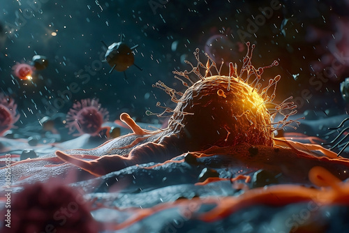 An illustration where immune cells besiege a cancer cell is shown. photo