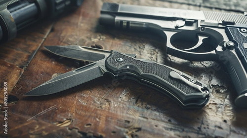 Folding pocket knife and gun on table photo