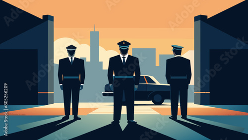 photo for advertising a private security company and security guards, all black uniform with short sleeves and a cloth cap, standing next to a patrol car