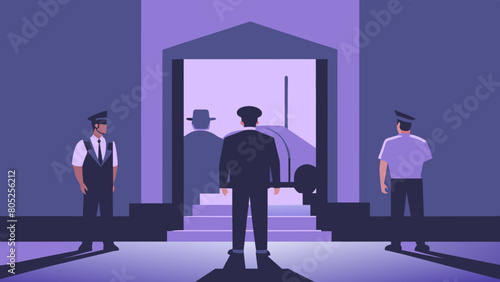 photo for advertising a private security company and security guards, all black uniform with short sleeves and a cloth cap, standing next to a patrol car