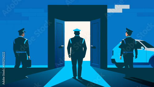 photo for advertising a private security company and security guards, all black uniform with short sleeves and a cloth cap, standing next to a patrol car