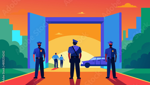 photo for advertising a private security company and security guards, all black uniform with short sleeves and a cloth cap, standing next to a patrol car