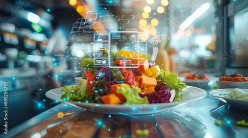 A colorful salad plate of fresh fruits and vegetables, displayed with smart digital overlays in a high-tech kitchen environment.
 photo