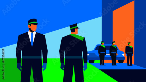 photo for advertising a private security company and security guards, all black uniform with short sleeves and a cloth cap, standing next to a patrol car