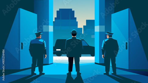 photo for advertising a private security company and security guards, all black uniform with short sleeves and a cloth cap, standing next to a patrol car