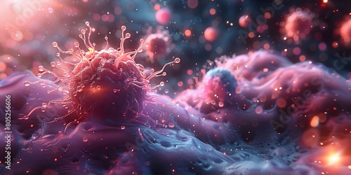 Illustration of a delicate pink Dendritic cells communicate with a cyan T-cell.