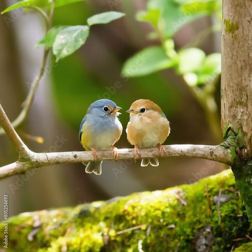 A pair colorful bird perched on On the tree branch 