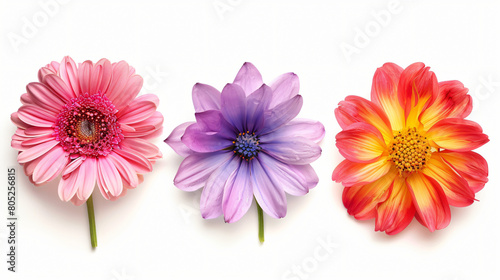 Four beautiful flowers on white background