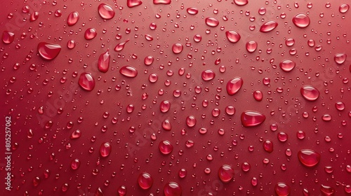 A close up of a red surface with many drops of water on it. The drops are small and scattered, creating a sense of movement and energy. The image conveys a feeling of freshness and vitality