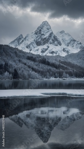 Frozen Beauty, Snowy Peaks Embracing a Lake, Clouds Painting the Sky in Shades of Grey.