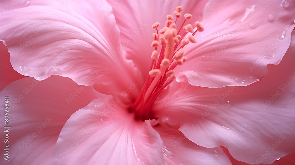 Macro shot of a delicate pink hibiscus flower, its intricate petals opening to reveal a stunning burst of color.