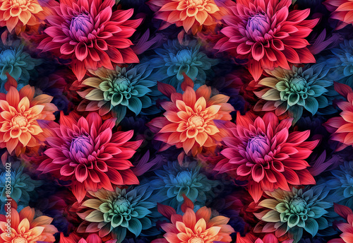 Seamless Abstract floral background with colorful leaves and flowers. Dahlia petals in red color  blue green leaves on a dark background. High resolution. AI generated