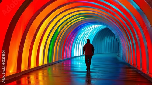 A man stands in front of a rainbow colored background.
