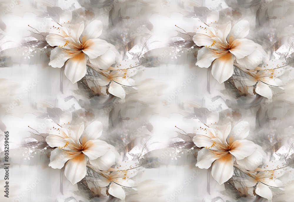 Seamless abstract floral pattern with hibiscus and orchid flowers in shades of white, brown beige grey teal cream and light purple. High resolution. AI generated