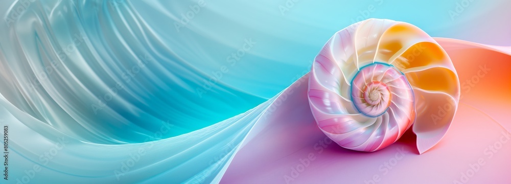 Abstract Colorful Nautilus Shell, Nautilus pompilius, Mollusca, Pastel Gradient Background, copy space. Abstract Colorful Nautilus Shell, Nautilus pompilius, Mollusca, Pastel Gradient Background, copy space.