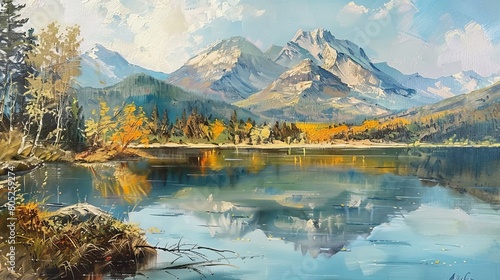 A painting of a lake with mountains in the background