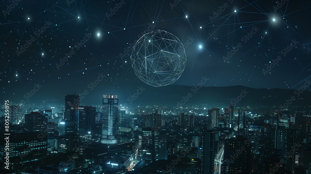 Obraz premium Cityscape Overlaid with a Digital Network and Glowing Lights at Night