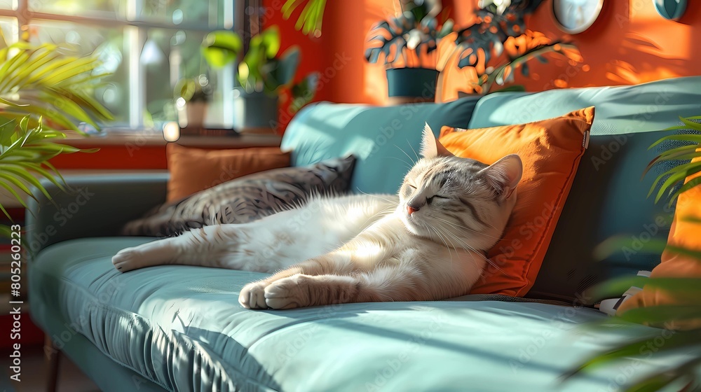 リビングでくつろぐ猫｜cat relaxing in the living room Generative AI