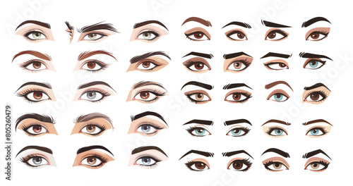 The eyebrows in this illustration have a variety of shapes, such as thin, thick, and curved brows.