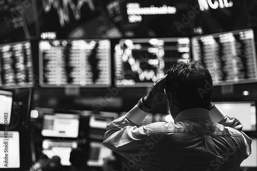 Photography capturing the worried expressions of investors watching stock market screens as numbers plummet photo