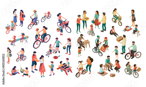 An isometric illustration set with a family with kids, on a bike and having a picnic.