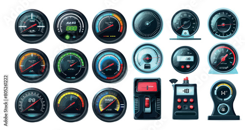 The electric car gauge scale modern set with the energy meter and battery power level indicator is used in  dashboard panels for measuring petrol.