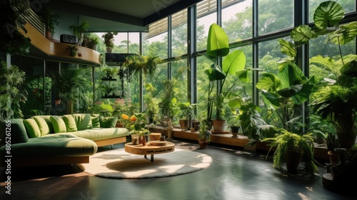 lush blurred green home interior