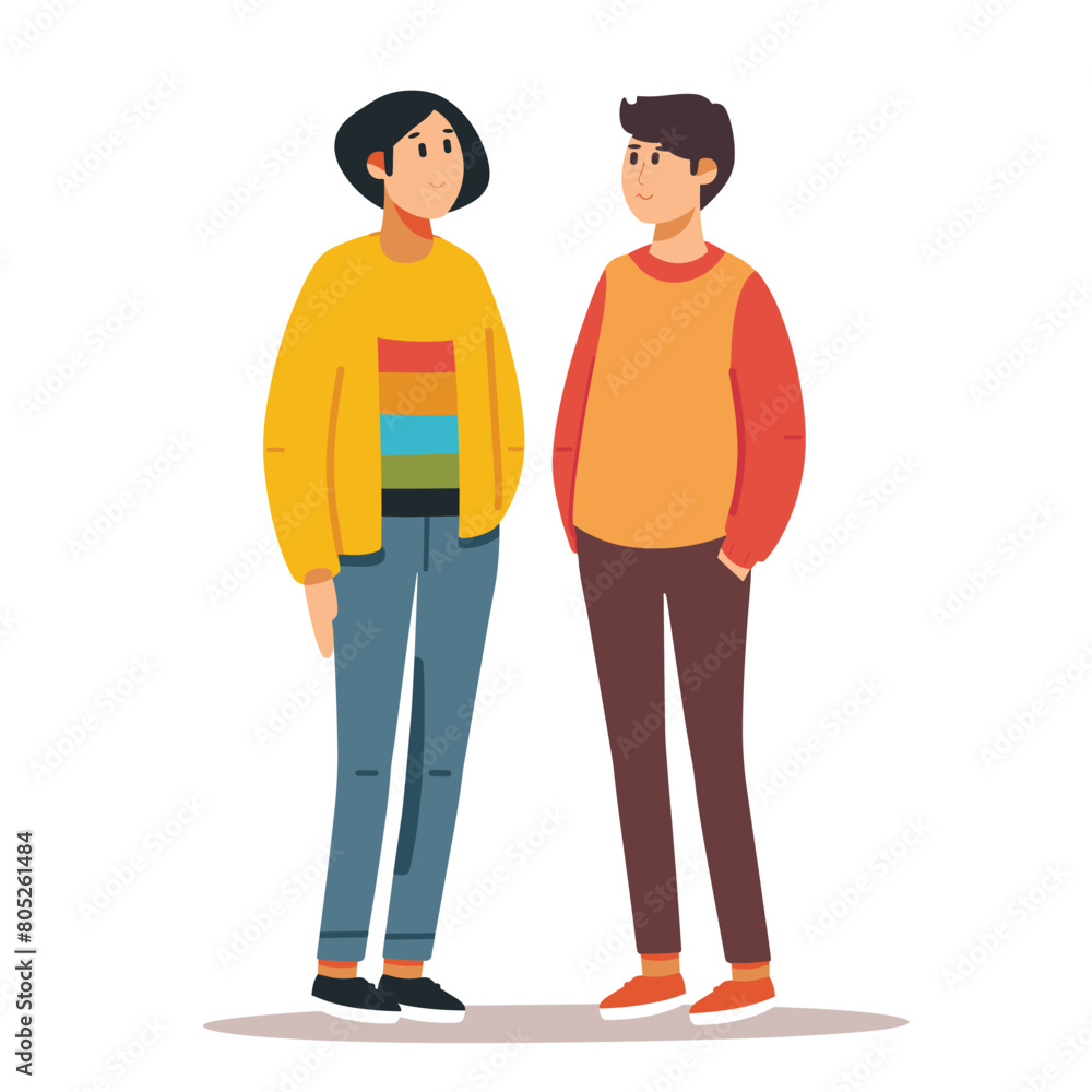 Two animated characters standing side side, male female, casual clothing, smiling, friendly posture, colorful attire. Young adult cartoon figures, male brown hair wearing orange sweater, female