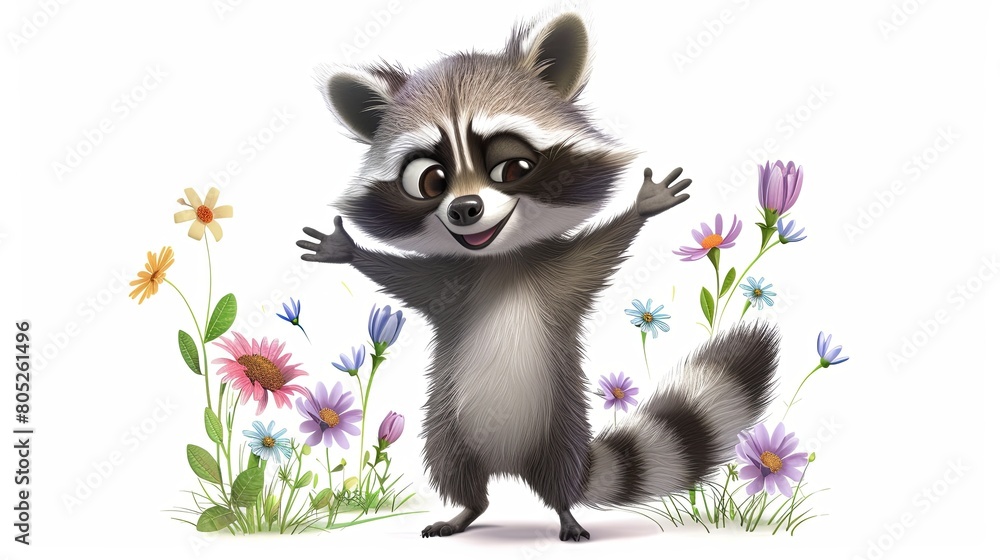 Obraz premium cute raccoon with flower on a white background