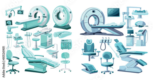 Hospital medical diagnostic equipment set. Medical checkup MRI scanner and dentist chair modern illustration.