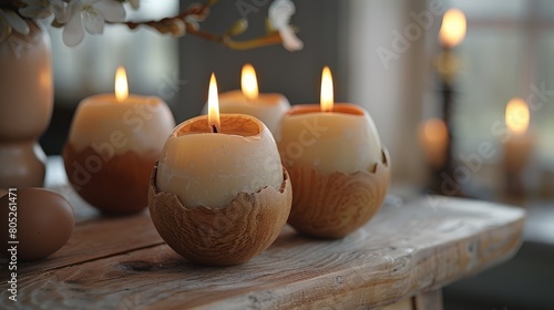 Candles crafted in the shape of eggs create a serene and unconventional ambiance  casting a soft glow reminiscent of a tranquil morning