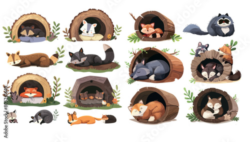 Forest animals sleeping in burrows, hollows and nests. Cute , fox and beaver modern illustration set photo