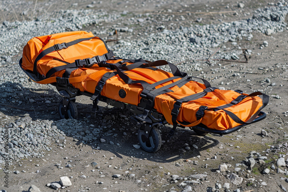 Obraz premium portable stretcher and spine board at the ready for quick evacuation, essential rescue gear 