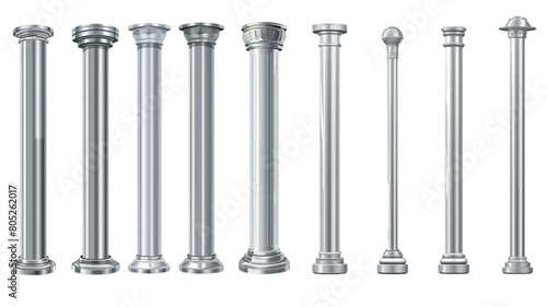 Realistic metal pole illustration set. Silver steel glossy, billboards, streetlamps and construction poles.
