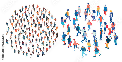 Crowd of walking men and women top view. People in social group top view modern illustration