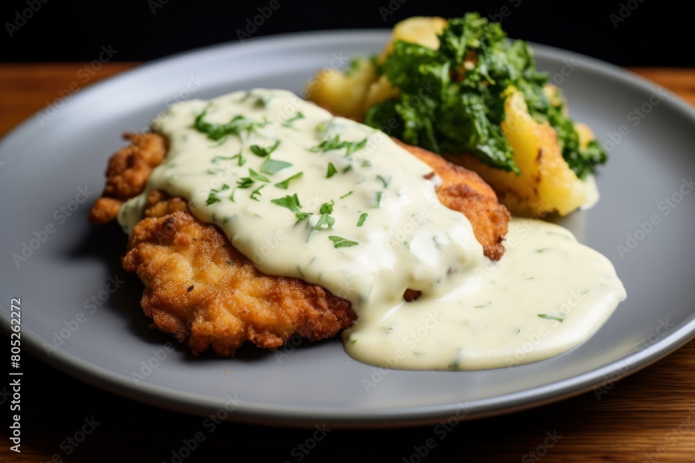 Flavorful Schnitzel bechamel sauce. Chop with the sauce in the plate on the table. Generate AI Flavorful Schnitzel bechamel sauce. Chop with the sauce in the plate on the table. Generate AI