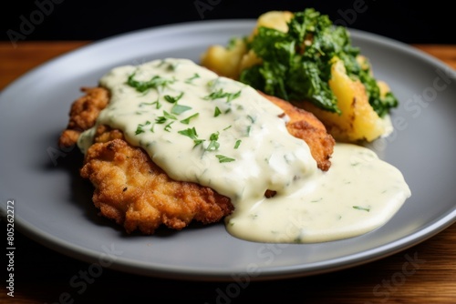 Flavorful Schnitzel bechamel sauce. Chop with the sauce in the plate on the table. Generate AI