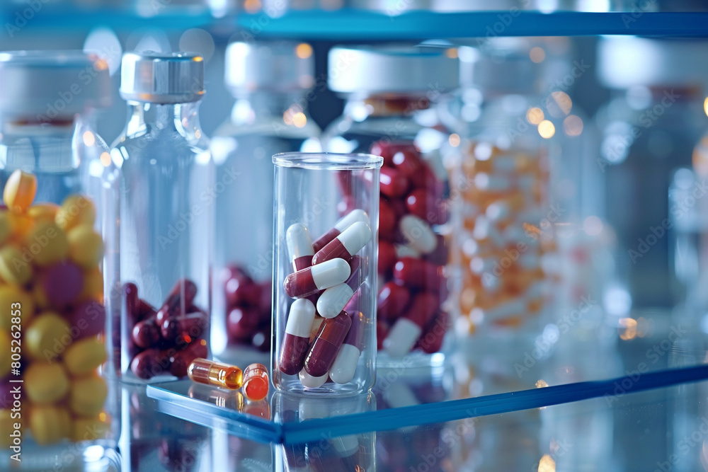Professional lab conducting pharmaceutical advances, close-up on medication analysis, molecular background Professional lab conducting pharmaceutical advances, close-up on medication analysis, molecular background