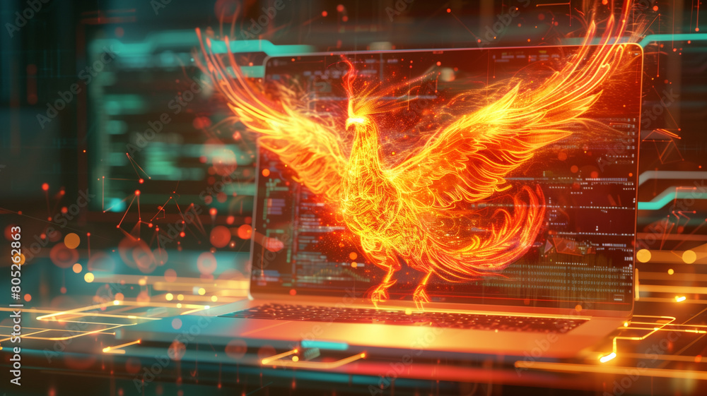 Fiery Phoenix Rising from a Laptop in a Digital World