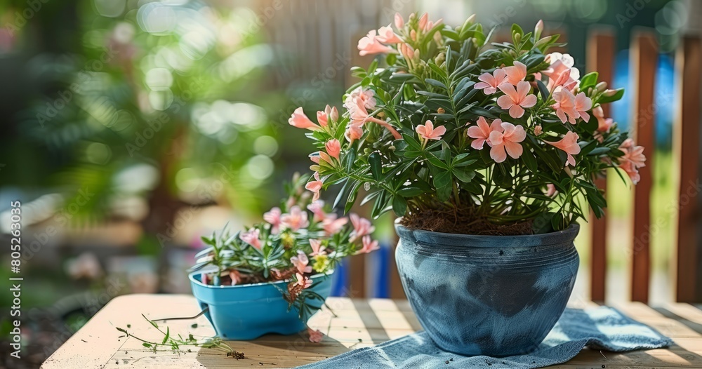 A Beautiful Potted Oleander Enhances the Ambiance of a Garden Table