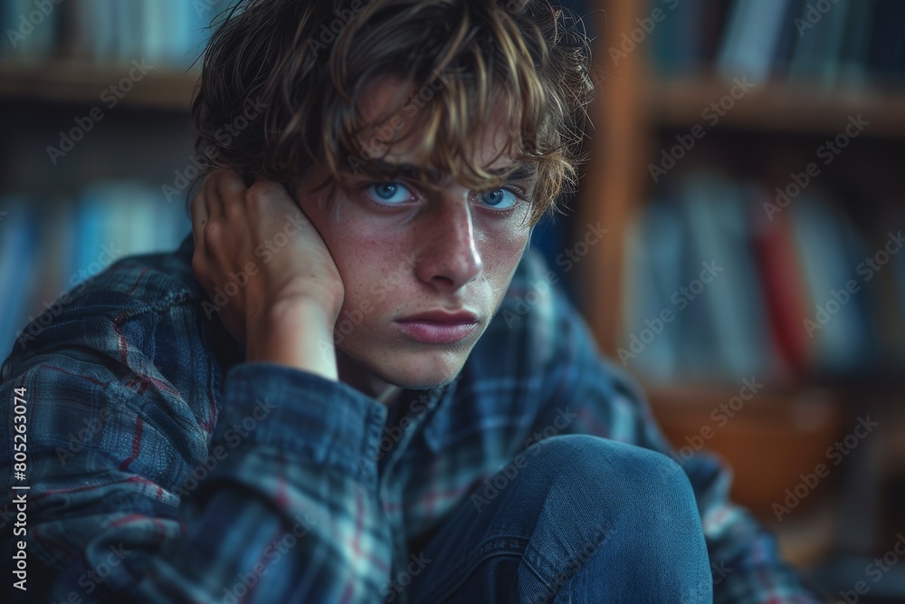 An intense portrait of a teenage boy with piercing blue eyes, looking thoughtfully in the distance An intense portrait of a teenage boy with piercing blue eyes, looking thoughtfully in the distance