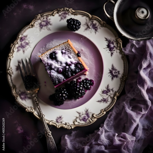 Dark, moody cake on an ornate plate, topped with powdered sugar and blackberries, with antique charm, color harmony, sophistication in the composition of still life photograph, Generative AI. (ID: 805263269)