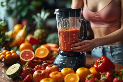 Vibrant image capturing a woman making a fresh fruit smoothie with a blender, surrounded by an abundance of fruits photo